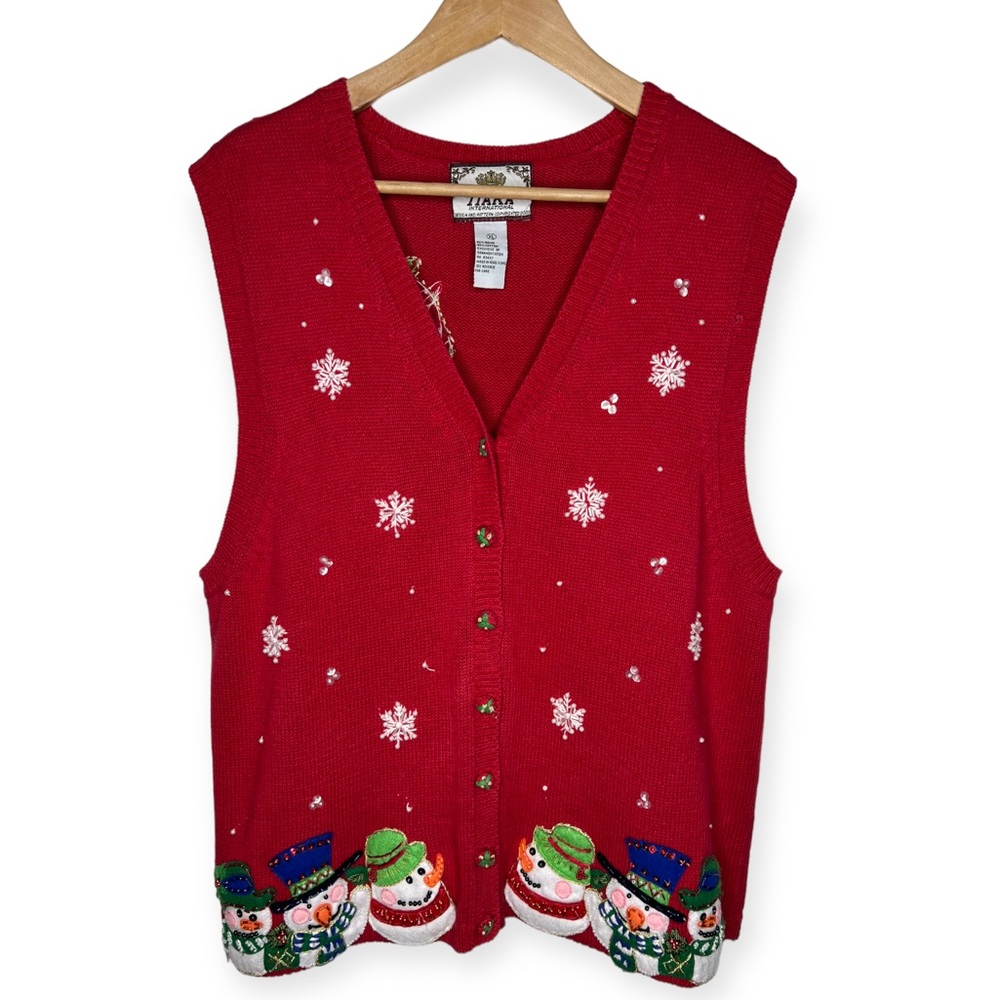 Vintage Snowman Ugly Christmas Sweater Beaded Embroidered Pearls Snowflakes XL